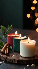 Cozy Holiday Ambiance Three Candles in Festive Colors with Cinnamon, Fir, and Soft Bokeh Lights, Capturing the Essence of Christmas in a Warm and Inviting Scene