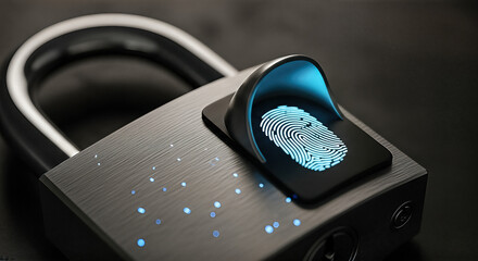 modern biometric padlock with blue glowing fingerprint scanner security technology privacy protection safety concept access control identity verification