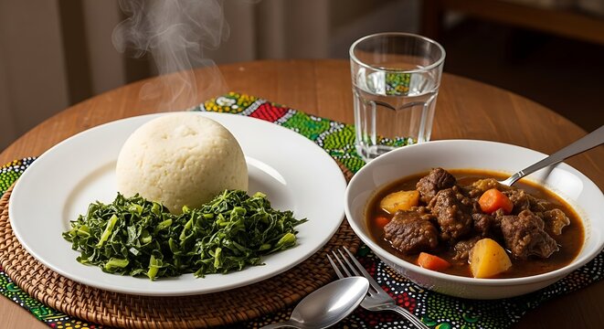 Hearty african stew with ugali and greens served on a wooden table