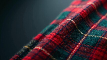 Luxurious Scottish Tartan Fabric Detail Exquisite plaid patterns in rich red, green, and navy hues, showcasing texture and artistry. Captivating macro shot of traditional textile