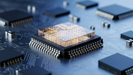Closeup of a glowing microchip on a circuit board symbolizing advanced technology and computing power.