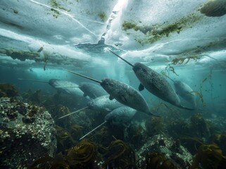 A pod of narwhals swims beneath the cracked arctic sea ice, captured in a dramatic wide-angle underwater shot, highlighting their long tusks in the cold, mysterious blue-green water