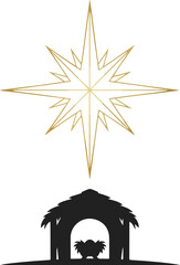 Gold star above a black silhouette of a manger with baby Jesus