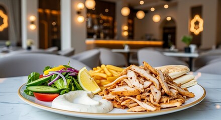 Delicious chicken shawarma platter with fresh salad and fries in a modern restaurant