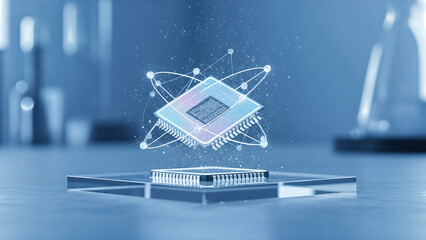 Quantum Computing Processor Chip with Atomic Structure Illustration.