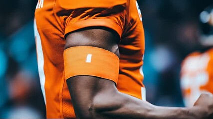 Close up of a football player's arm with an orange armband. Focus on leadership and team spirit.