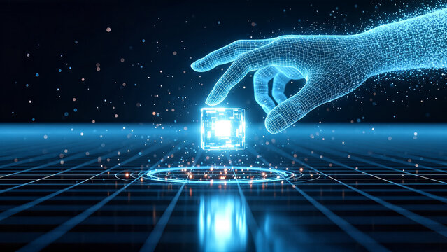Digital Hand Placing Glowing Cube on Grid Surface.
