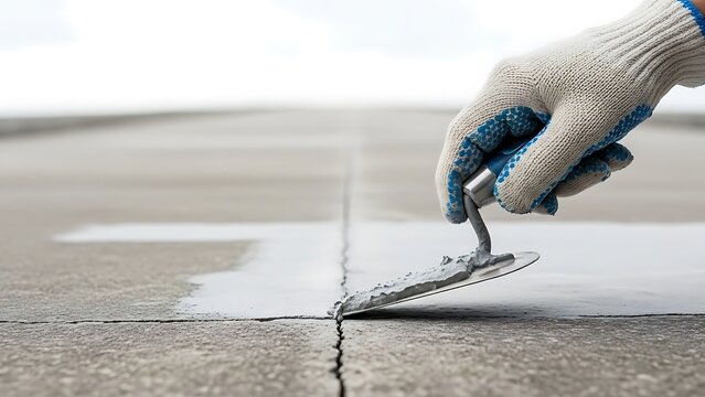 Workman Smoothing Grout into Concrete Crack with Trowel for Construction