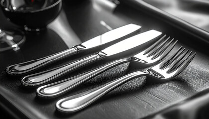 Culinary Essentials: A close-up view of meticulously arranged silverware, a testament to culinary refinement. The gleaming knives and forks lie side by side on a table.