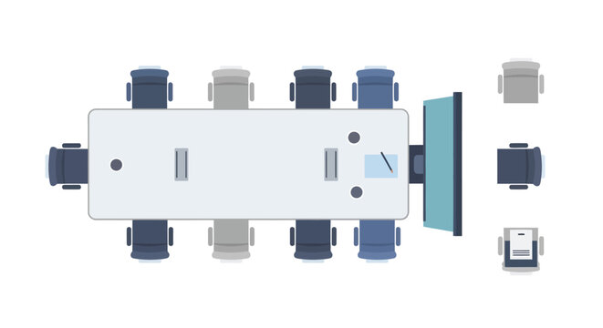 Top-down plan view of a modern conference table with blue and grey office chairs and a large presentation screen.