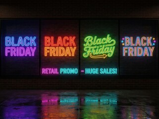 Neon signs advertising Black Friday sales, showcasing retail promotions and huge discounts for customers.