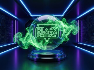A futuristic Black Friday promotion concept, featuring a glowing orb with text and vibrant green smoke.
