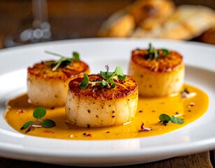 Three perfectly seared scallops atop a vibrant orange sauce