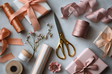 Elegant gift wrapping with peach ribbons and golden scissors on a stylish surface, perfect for celebrations and special occasions with lovely detail