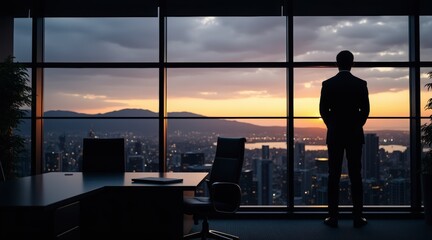 Silhouette of a person standing by a large window overlooking a city at sunset