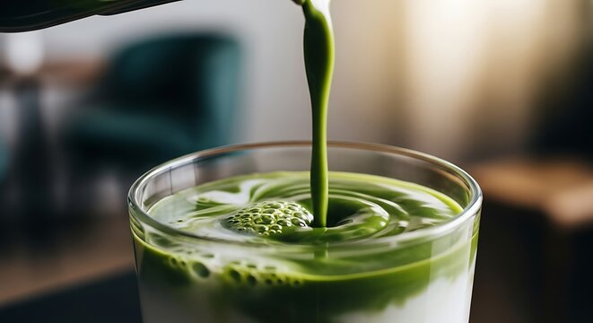 Pouring vivid matcha latte into a clear glass creating a visually appealing swirl of colors