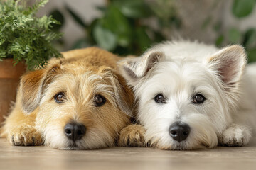 Two calm dogs resting on floor in bright home with simple decor and green plants in background, creating peaceful and cozy atmosphere
