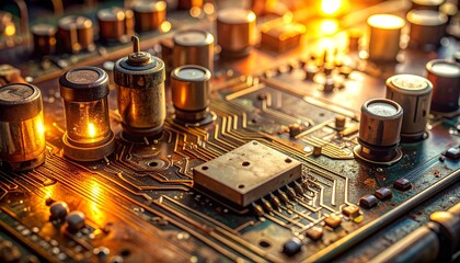 vintage electric board closeup aged circuit copper trace dusty component analog wiring industrial capacitor resistor diode relay panel technical detail maintenance engineering old machinery control un