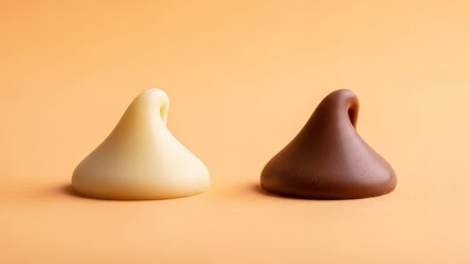 A close up shot of white and milk chocolate kisses on a plain light orange colored background surface