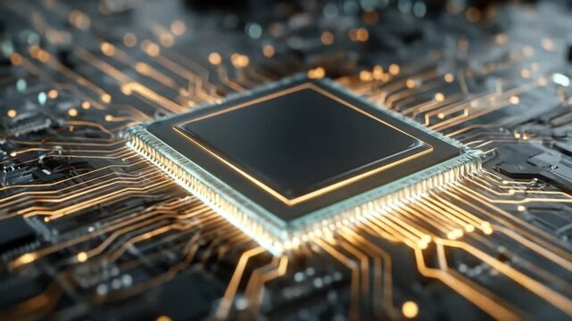 Close-up of a microprocessor on a glowing circuit board with intricate copper traces, gleaming. glow