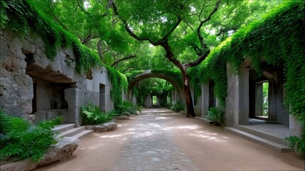 Stone Corridor Covered in Greenery