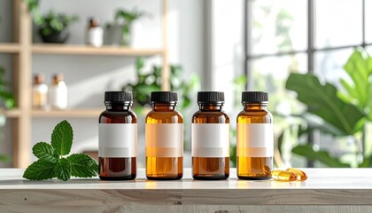 Bottles with mint, and natural remedy.