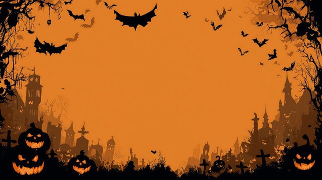 Halloween night frame with bats and Jack O' Lanterns
