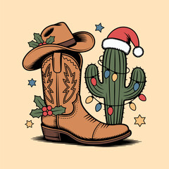 Cowboy Boot and Christmas Cactus Illustration