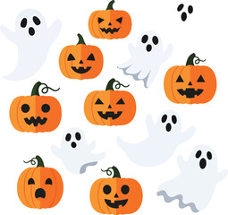 Pattern of orange jackolanterns and white cartoon ghosts on a white background