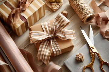 Thoughtful gift wrapping with elegant ribbons and twine, perfect for birthdays, holidays or special occasions offering a handmade personal touch