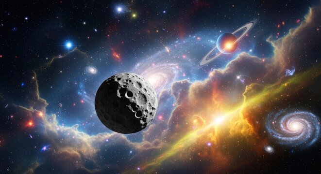A moon and planet in a cosmic scene with stars and galaxies in the background.