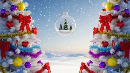 Decorated christmas trees frame a winter scene with a hanging ornament in a snowy landscape view
