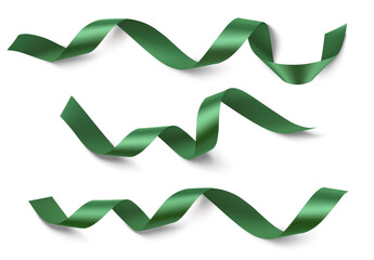 Set of decorative green ribbon with realistic shadow isolated on white. Christmas decoration. Vector stock illustration