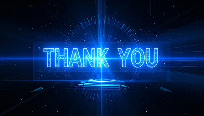 Neon text “THANK YOU” with radial glowing light on digital tech background