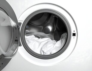 A close-up view reveals a washing machine's open door, showcasing white laundry inside the empty drum, ready to be washed