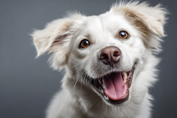 Happy white dog with fluffy fur and bright eyes looking joyful and playful against gray background, showing big smile and open mouth with tongue out