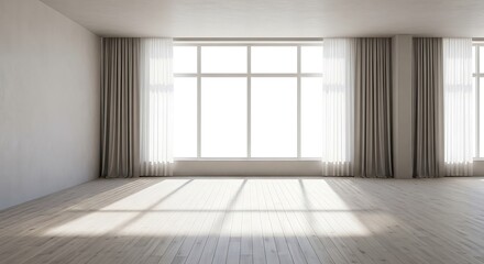 Obraz premium Sunlit expansive modern interior space, with large window and curtains