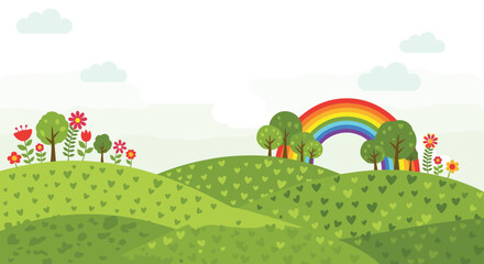 Fototapeta premium Cartoon landscape of rolling green hills dotted with hearts, featuring trees, flowers, and a bright rainbow under a cloudy sky.