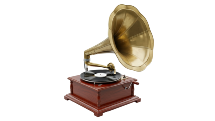 Antique gramophone with brass horn isolated on transparent background