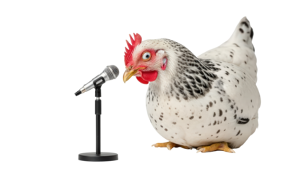 Chicken standing at a microphone isolated on transparent background