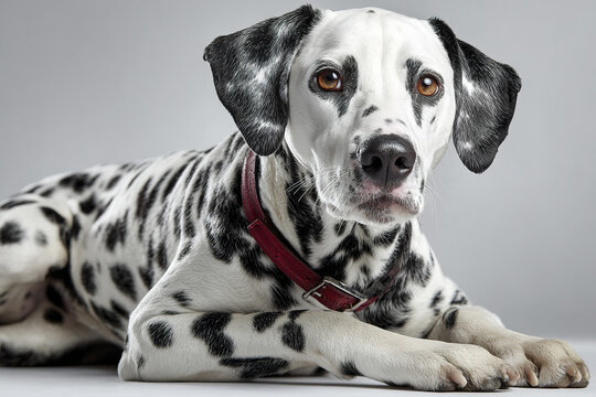 Dalmatian dog lying down on clean white background with soft even lighting, showing attentive and calm expression with brown eyes and black spots on white fur