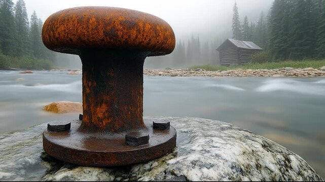 Rusty mooring bollard on a rock in a river with a cabin in the background.