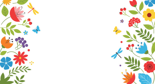 Bright and colorful floral background with side borders of flowers, berries, leaves, butterflies, and dragonflies with copy space.