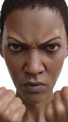 Obraz premium Fierce determined woman with clenched fists ready to fight isolated on transparent background.