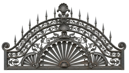 Ornate antique wrought iron architectural element isolated on transparent background