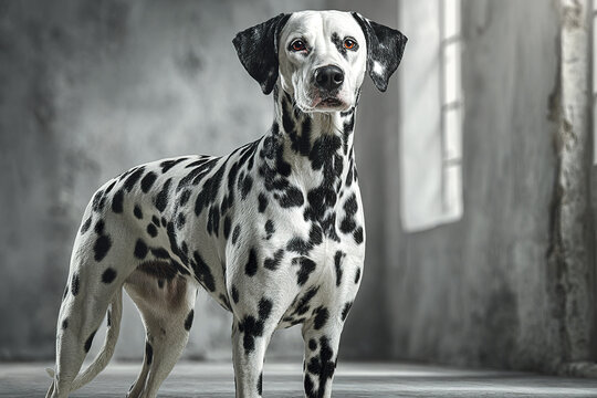 Dalmatian dog standing poised indoors near window with soft natural light highlighting its black and white spotted coat, calm and attentive expression in bright airy backdrop - Powered by Adobe