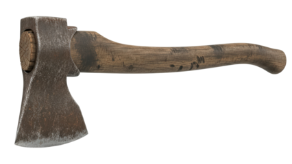 Old rusty axe with wooden handle isolated on transparent background
