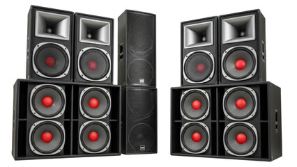 Professional sound system speakers and subwoofers isolated on transparent background
