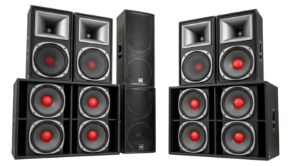 Professional sound system speakers and subwoofers isolated on transparent background