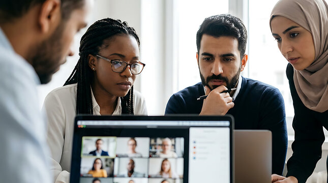 Diverse business team collaborating on a video conference call in a modern office setting, discussing project details and strategy. - Powered by Adobe